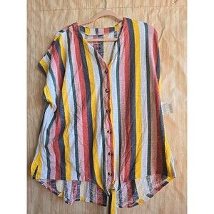 Bobbie Brooks V BUTTON Blouse Womens Size 2X Pink Multicolor Short Sleeve NEW